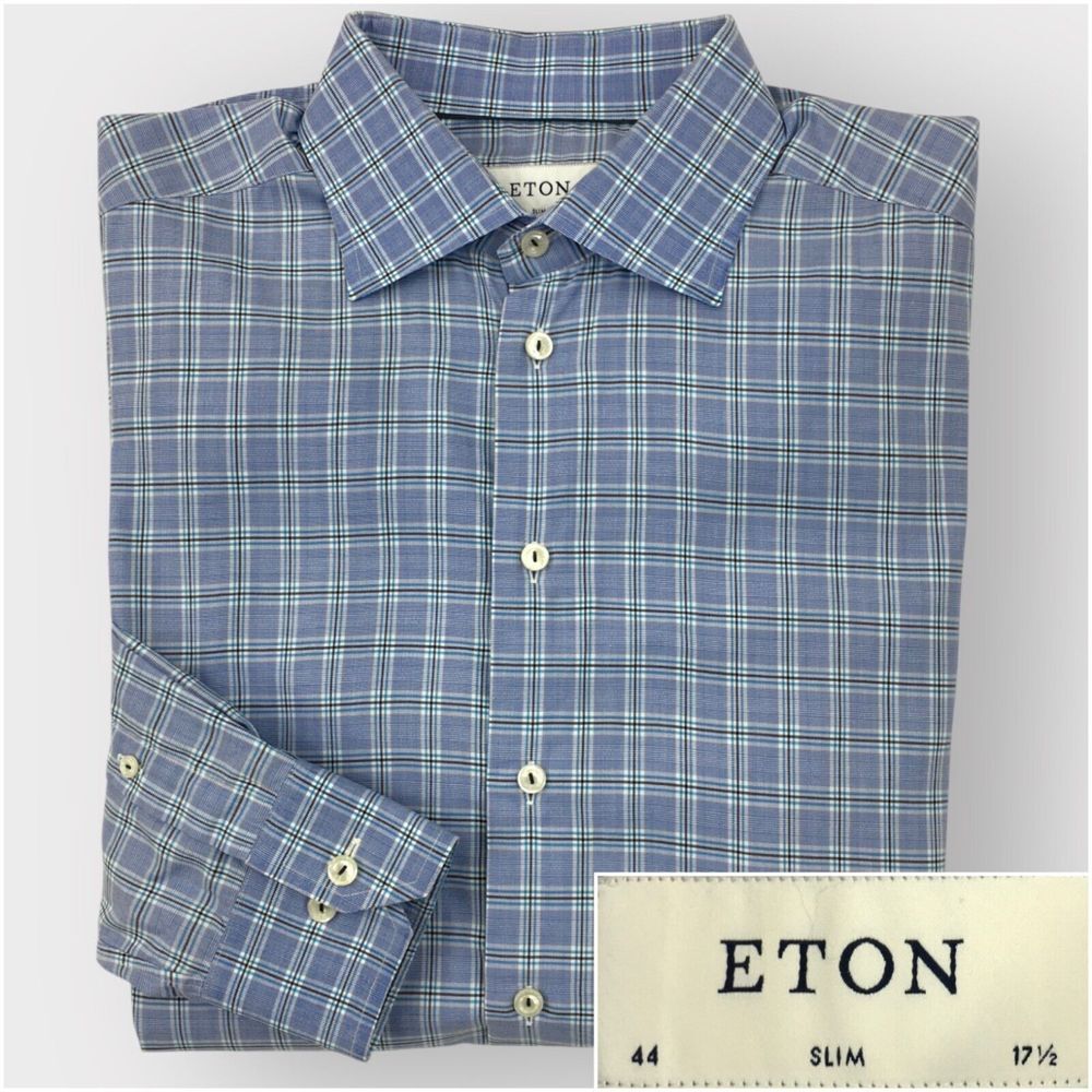 ETON Button Up Shirt Mens Size 44 17.5 Slim Fit Long Sleeve Casual‎ Plaid Blue